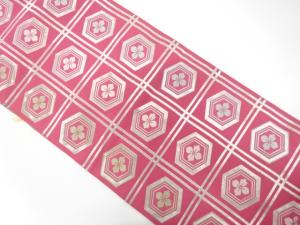 アンティーク　本場筑前博多　格子に花亀甲模様織り出し名古屋帯（着用可）